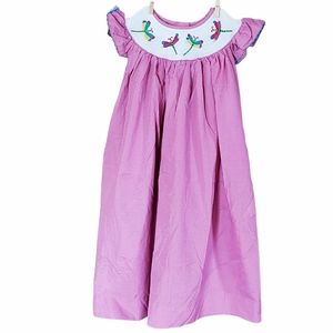 Molly Pop Girls Size 5 Pink White Checkered Dress Smocked Neck Dragonflies